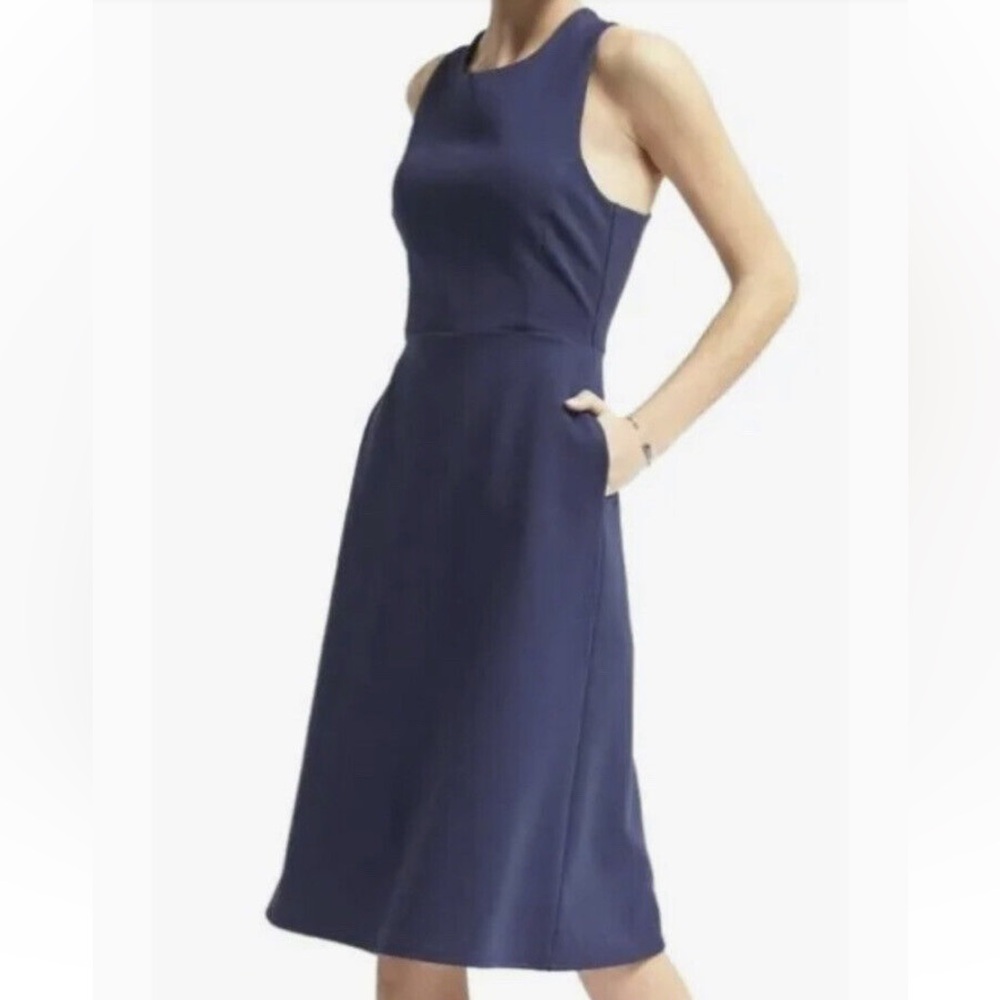 NWT Banana Republic Dress Navy Blue Ponte Midi Cross Back Sleeveless w/pockets! - Picture 6 of 7